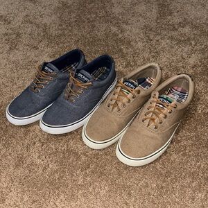 Sperry Men's Striper II CVO Casual Canvas Shoe Bundle - Navy Blue and Tan - 9.5M